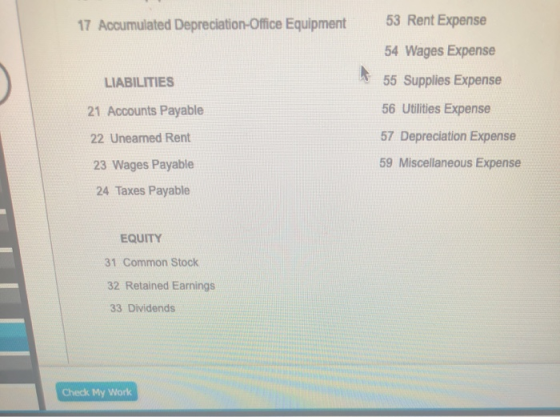 17 Accumulated Depreciation Office Equipment 53 Rent Expense 54 Wages Expense LIABILITIES 55 Supplies Expense 21 Accounts Pay