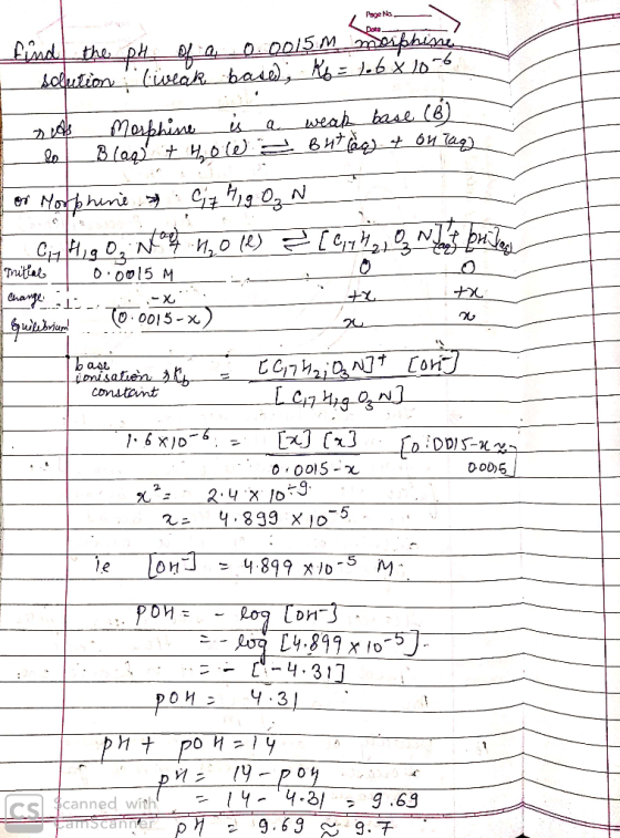 Page Na or Morph Initial Change of -X +2 find the pH of a 0.0015 m morphine solution liveak based, Kb = 1.6x10-6 Mesfhisse is
