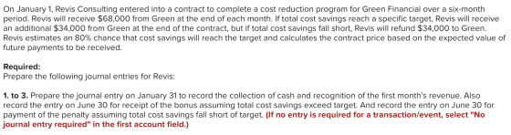 On January 1, Revis Consulting entered into a contract to complete a cost reduction program for Green Financial over a six-mo
