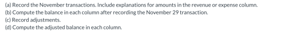 (a) Record the November transactions. Include explanations for amounts in the revenue or expense column. (b) Compute the bala