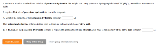 A student is asked to standardize a solution of potassium hydroxide. He weighs out 1.10 g potassium hydrogen phthalate (KHCsH