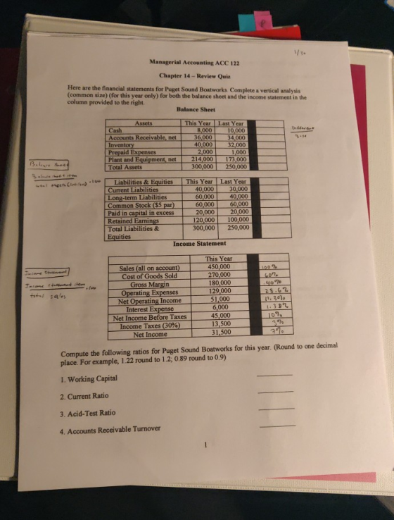 Managerial Accounting ACC 122 Chapter 14 - Review Quiz Here are the financial statements for Puget Sound Boatworks Complete a