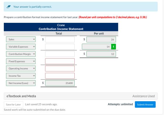 Your answer is partially correct. Prepare a contribution format income statement for last year. (Round per unit computations