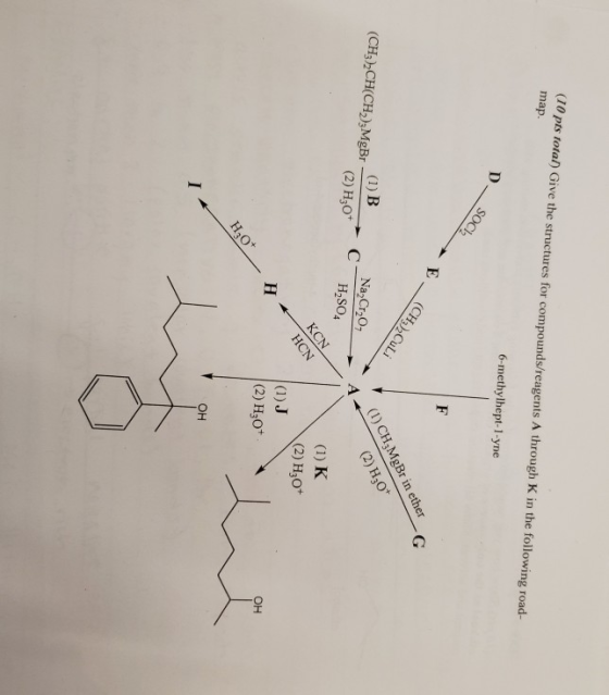 (10 pts total) Give the structures for compounds/reagents A through K in the following road- map 6-methylhept-1-yne SOCI G (C