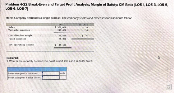 Problem 4-22 Break-Even and Target Profit Analysis; Margin of Safety; CM Ratio [LO5-1, LO5-3, LO5-5, LO5-6, LO5-7] Menlo Comp