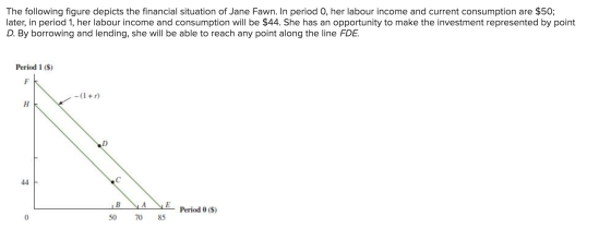 The following figure depicts the financial situation of Jane Fawn. In period O, her labour income and current consumption are