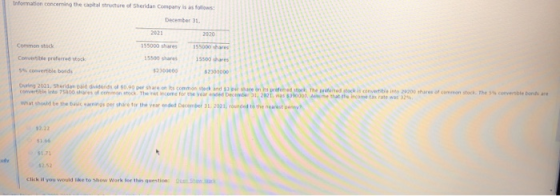 Information concerning the capital cature of Sheridan Company is as follows: December 31 2021 2020 Common stock 155000 shares