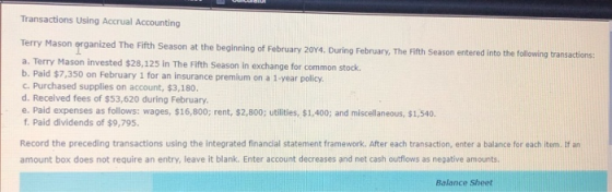 Transactions Using Accrual Accounting Terry Mason organized The Fifth Season at the beginning of February 2014. During Februa