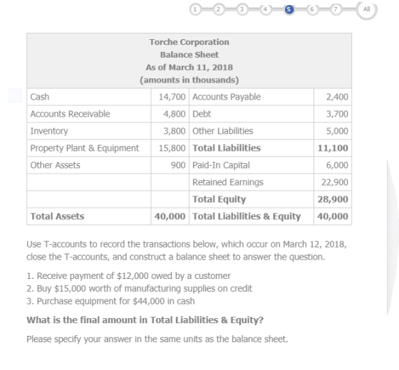 Torche Corporation Balance Sheet As of March 11, 2018 (amounts in thousands) Cash 14,700 Accounts Payable 2,400 3,700 5,000 11,100 6,000 22,900 28,900 40,000 Accounts Receivable 4,800 Debt Inventory Property Plant & Equipment Other Assets 3,800 Other Liabilities 15,800 Total Liabilities 900 Paid-In Capital Retained Earnings Total Equity Total Assets 40,000 Total Liabilities & Equity Use T-accounts to record the transactions below, which occur on March 12, 2018, close the T-accounts, and construct a balance sheet to answer the question 1. Receive payment of $12,000 owed by a customer 2. Buy $15,000 worth of manufacturing supplies on credit 3. Purchase equipment for $44,000 in cash What is the final amount in Total Liabilities & Equity? Please specify your answer in the same units as the balance sheet.