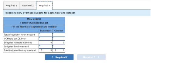 Required 1 Required 2 Required 3 Prepare factory overhead budgets for September and October. MCO Leather Factory Overhead Bud