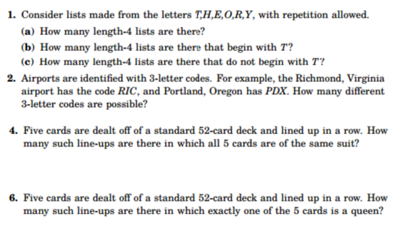 Consider lists made from the letters T, H, E, O, R
