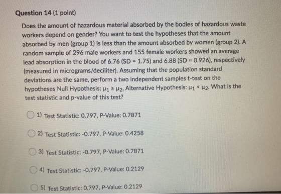 Question 14 (1 point) Does the amount of hazardous material absorbed by the bodies of hazardous waste workers depend on gende