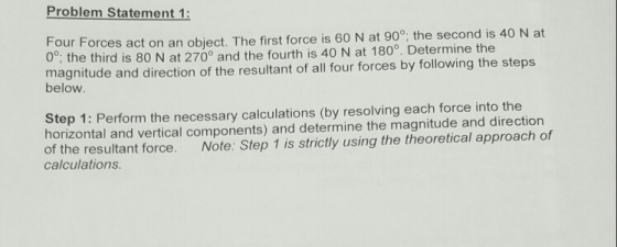 Problem Statement 1: our Forces act on an object. The first force is 60 N at 90°; the second is 40 N at 0°: the third is 80 N at 270° and the fourth is 40 N at 180. Determine the magnitude and direction of the resultant of all four forces by following the steps below Step 1: Perform the necessary calculations (by resolving each force into the horizontal and vertical components) and determine the magnitude and direction of the resultant force. Note: Step 1 is strictly using the theoretical approach of calculations