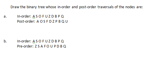 Draw the binary tree whose in-order and post-order traversals of the nodes are: a. In-order: ASO FUZDBPQ Post-order: A OSFDZP