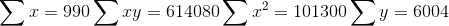 \bg_white \sum x = 990 \sum xy = 614080 \sum x^2 = 101300 \sum y = 6004