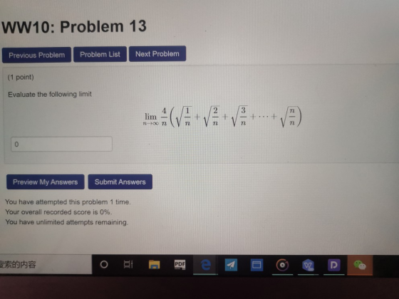 WW10: Problem 13 Previous Problem Problem List Next Problem (1 point) Evaluate the following limit - (VA-VV lim 3160 .. . + n
