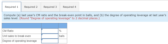 Required 1 Required 2 Required 3 Required 4 Compute (a) last years CM ratio and the break-even point in balls, and (b) the d