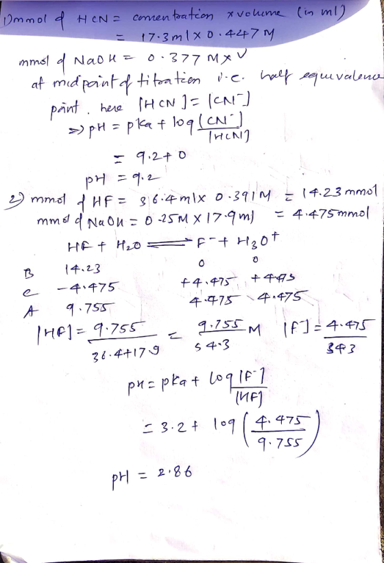 Immold HCN = comentation xvolume (in ml) - 17.3m1x0.447 m mmol of Naon = 0.377 MXV af midpoint of titration i.e. half equiva