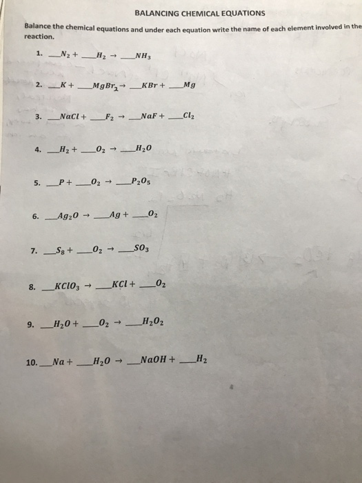 BALANCING CHEMICAL EQUATIONS Balance the chemical equations and under each euation write the name of each element involved in