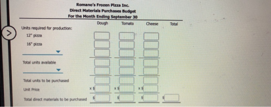 Romanos Frozen Pizza Inc. Direct Materials Purchases Budget For the Month Ending September 30 Dough Tomato Cheese Total Unit