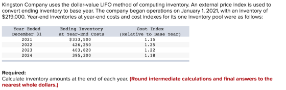 Kingston Company uses the dollar-value LIFO method of computing inventory. An external price index is used to convert ending