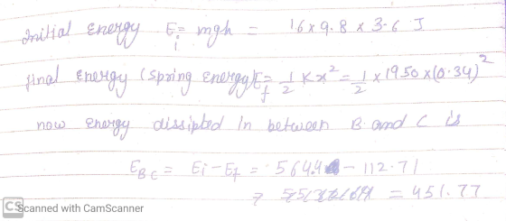 Initial Ene Energy 1.6 x 9.8 x 3.6 I E = mgh Anal Energy (spring energy ict 1950 x(0:34) Sho hergy dissipted dissipled in bet