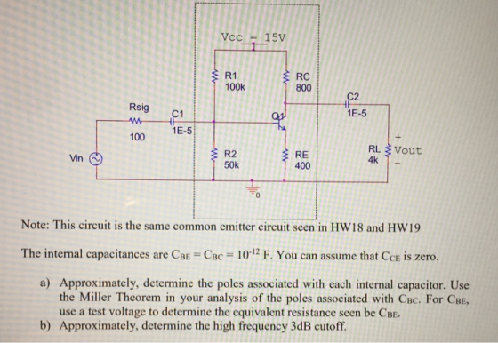 Vcc = 15V R1 100k RC 800 C2 1E-5 Rsig C1 100 1E-5 R2 50k RE 400 Vin 4k Note: This circuit is the same common emitter circuit seen in HW18 and HW19 The internal capacitances are CBE = CBCT 10-12 F. You can assume that CCE is zero. a) Approximately, determine the poles associated with each internal capacitor. Use the Miller Theorem in your analysis of the poles associated with CBc. For CBE, use a test voltage to determine the equivalent resistance seen be CBE. b) Approximately, determine the high frequency 3dB cutoff