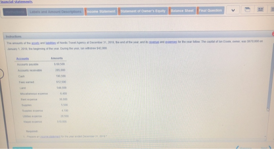 Financial statements Labels and Amount Descriptions Income Statement Statement of Owners Equity Balance Sheet Final Question