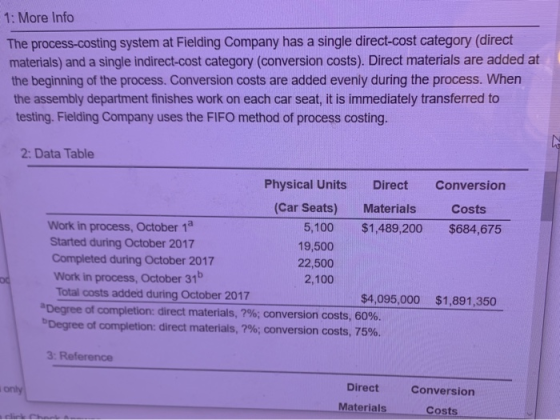 1: More Info The process-costing system at Fielding Company has a single direct-cost category (direct materials) and a single