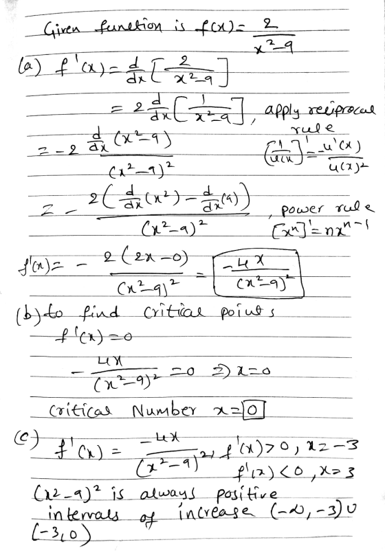 = 2 그 Cowb_u(4) 4(x)2 Giren function is fx)= 2 (a) f (x) = 1 [ 2 2 2 2 2 2 C - a] apply reciprocal + (-१) rule (x²_9) ² 26