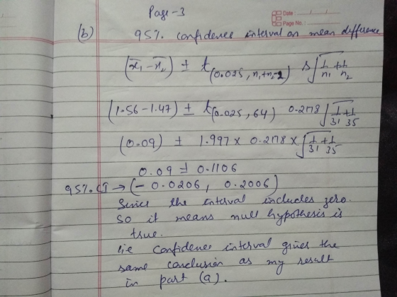 Date: ............... Page No. : + ffo.o25,64) 3135 Page 3 b) 95% confidence interval on mean difference [x - 7) + trooss, na