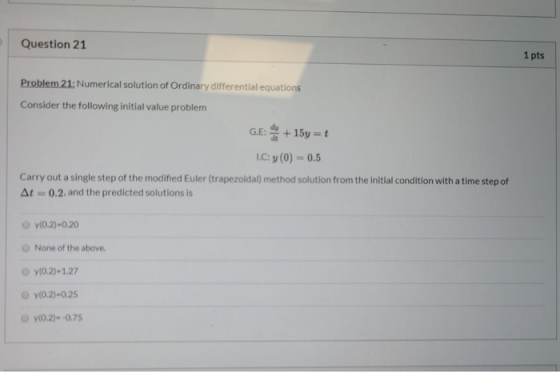 Question 21 1 pts Problem 21: Numerical solution of Ordinary differential equations Consider the following initial value prob