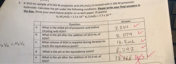3. A 30.0 mL sample of 0.165 M propanoic acid (HC3H5O2) is titrated with 0.300 M potassium hydroxide. Calculate the pH under
