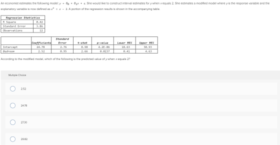 An economist estimates the following model: y = 6g + 61x + E. She would like to construct interval estimates for ywhen x equa