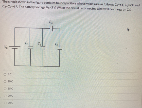 The circuit shown in the figure contains four capacitors whose values are as follows: C1=6 F, C2=2 F, and C3=C4=4 F. The batt