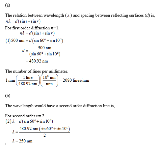 (a) The relation between wavelength (2) and spacing between reflecting surfaces (d) is, ni=d(sin i+sinr For first order diffr