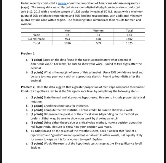 Gallup recently conducted a survey about the proportion of Americans who use e-cigarettes (vape). The survey data was collect
