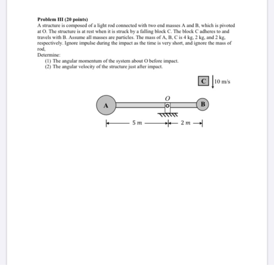 Problem III (20 points) A structure is composed of a light rod connected with two end masses A and B, which is pivoted at 0.