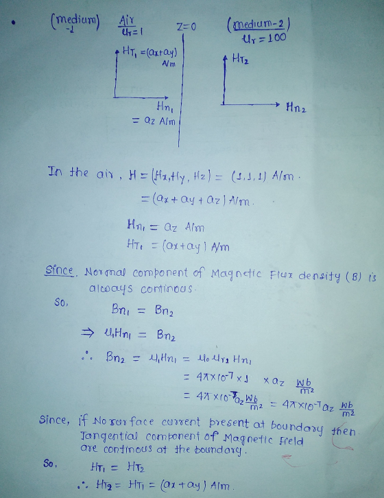 (medium) Al Air llr=1 Z=0 medium-2) Ur=100 HT, =(axt ay) Alm Hn, - az Alm Hn2 In the air, H = (Hartly, H2) = (1,1,1) Alon. =