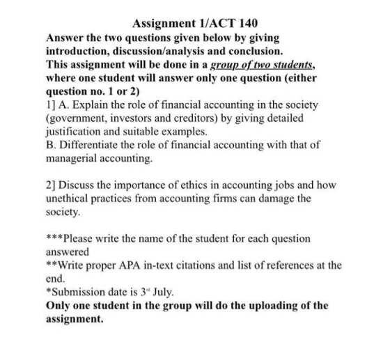 Assignment 1/ACT 140 Answer the two questions given below by giving introduction, discussion/analysis and conclusion. This as