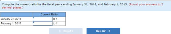 Compute the current ratio for the fiscal years ending January 31, 2016, and February 1, 2015. (Round your answers to 2 decima