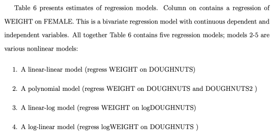 Table 6 presents estimates of regression models. Column on contains a regression of WEIGHT on FEMALE. This is a bivariate reg