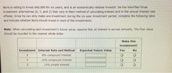 LILI Boris is willing to invest $40,000 for six years, and is an economically rational investor. He has identified three inve