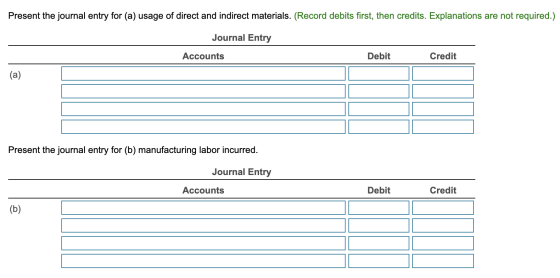Present the journal entry for (a) usage of direct and indirect materials. (Record debits first, then credits. Explanations ar