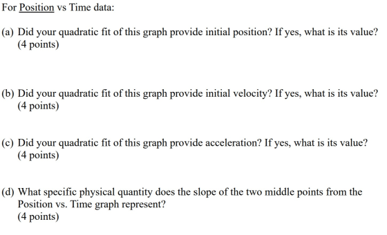 For Position vs Time data: (a) Did your quadratic fit of this graph provide initial position? If yes, what is its value? (4 p