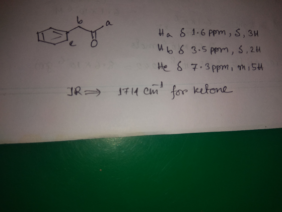 a 8 1.6 PPm, S,3H ub63.5 pem, S,2 He & 7.3 ppm J14 Cm for ketone IRE