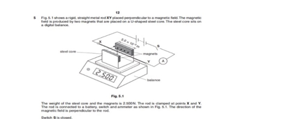12 5 Fig.5.1 shows a rigid, straight metal rod XY placed perpendicular to a magnetic field. The magnetic field is produced by two magnets that are placed on a U-shaped steel core. The steel core sits on a digital balance steel magnets balance Fig.5.1 The weight of the steel core and the magnets is 2.500N. The rod is clamped at points X and Y The rod is connected to a battery, switch and ammeter as shown in Fig. 5.1. The direction of the magnetic field is perpendicular to the rod. Switch S is closed
