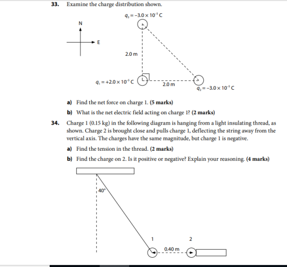 33. Examine the charge distribution shown. 9,= -3.0 x 10°C 2.0 m 9, = +20x10°c - 20m --- 92= -3.0 x 10°C 34. a) Find the net