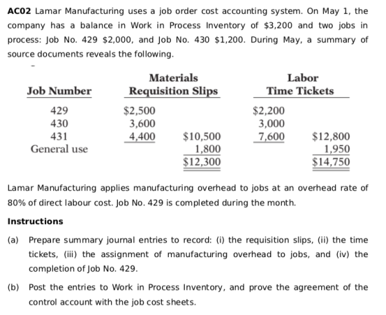 ACO2 Lamar Manufacturing uses a job order cost accounting system. On May 1, the company has a balance in Work in Process Inve