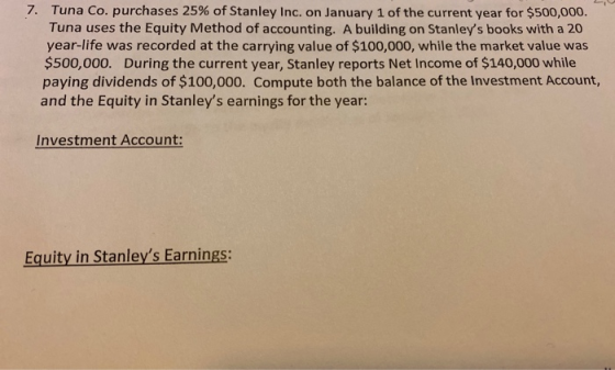 L , 7. Tuna Co. purchases 25% of Stanley Inc. on January 1 of the current year for $500,000. Tuna uses the Equity Method of a